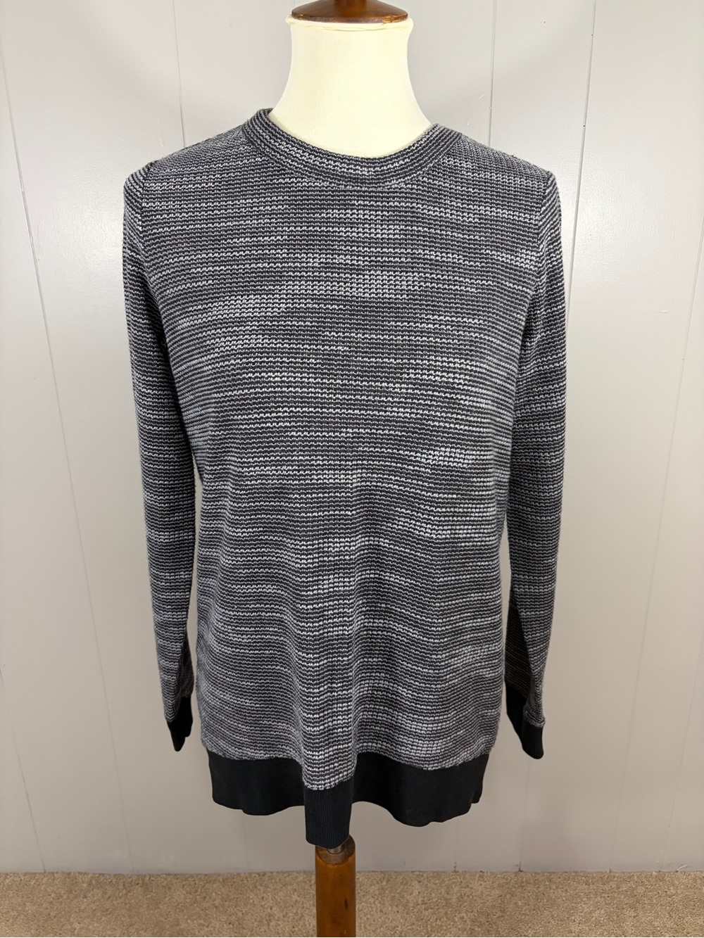 Lou & Grey Black and Gray Striped Crewneck Sweater